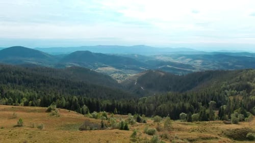Wide Shot Picturesque Carpathian Mountains Outdoors Aerial View Tilting Shot of Calm Landscape with