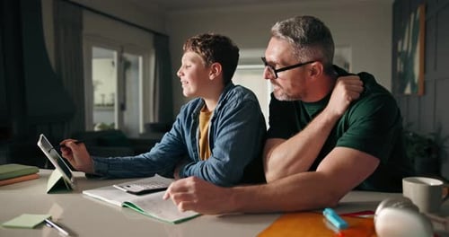 Calculator, distance learning or tablet with father and son in kitchen for homeschooling or lesson
