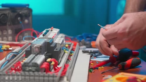 Adult Connects Wires to Electrical Circuit