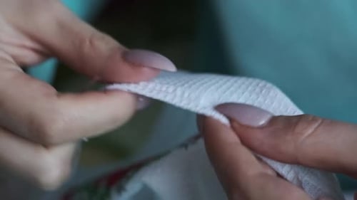 Woman Sews White Fabric with Needle and Thread
