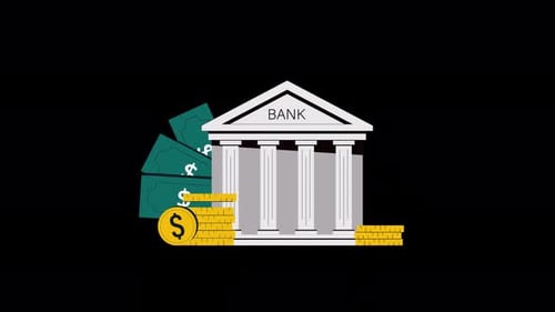 Bank Building with Money. Financial Growth Concept Animation Video - Transparent