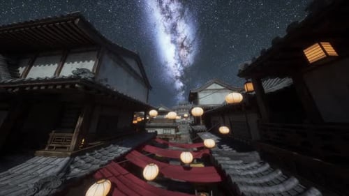 Starlit Traditional Japanese Village with Lanterns and Vibrant Fabric at Night