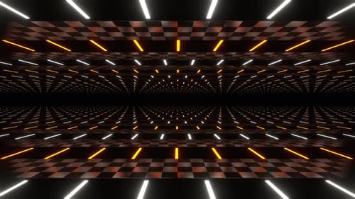 Korridor mit orangefarbenen und weißen Neonlinien im Hintergrund VJ Loop in 4K