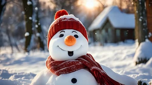 Boneco de neve feliz em uma paisagem festiva de inverno
