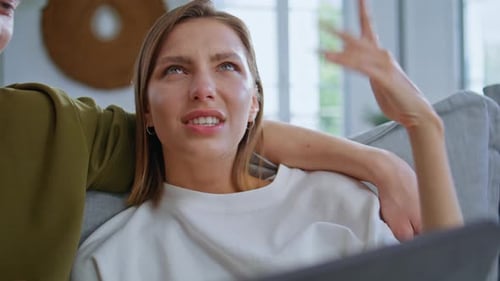 Hugging Couple Planning Trip Online Home Weekend Closeup Woman Gesturing Hands