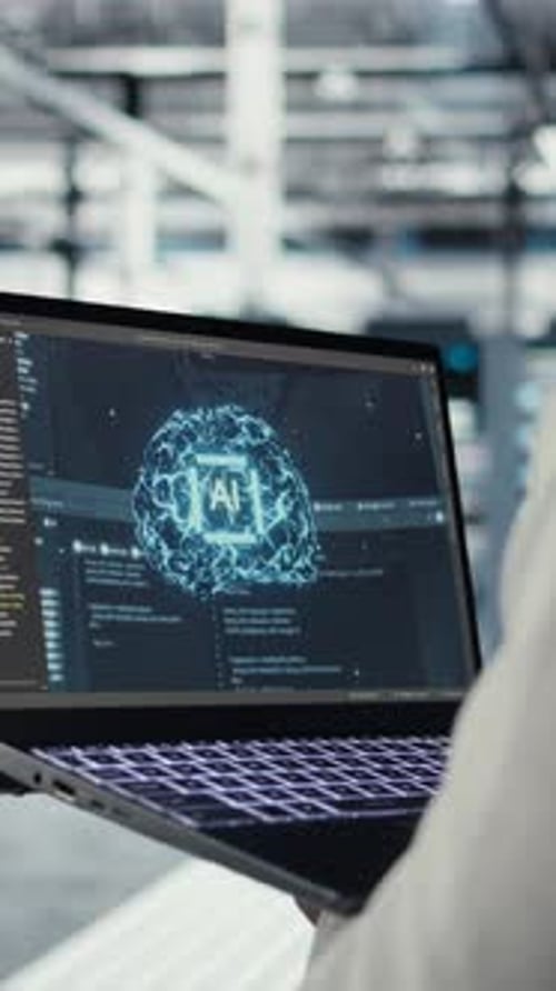 Vertical Video Close Up of Server Hub Admin Using Tablet to Do Infrastructure AI Automatization