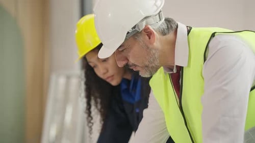 Engenheiros usando o plano de projeto, discutindo e trabalhando