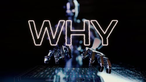 Warum Text animiert mit Ai Robot Businessman, der auf einer futuristischen Tastatur tippt