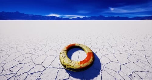 Weathered Lifebuoy on Cracked Salt Flat Under Blue Sky