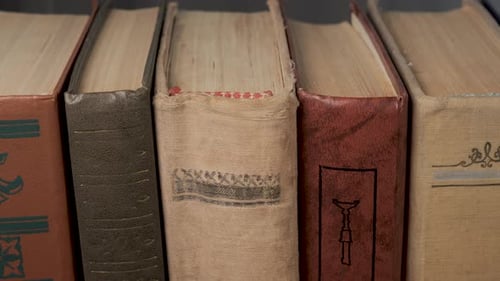 Row of Vintage Hardcover Books with Fabric and Leather Spines Close Up