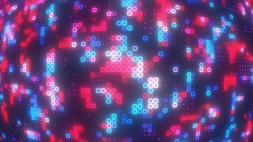 Quadrados de energia abstratos, azuis, vermelhos e roxos em loop, brilhando em formato digital