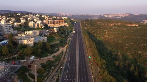 Tel aviv Jerusalem Straight Empty Highway 1 in coronavirus Lockdown -Aerial