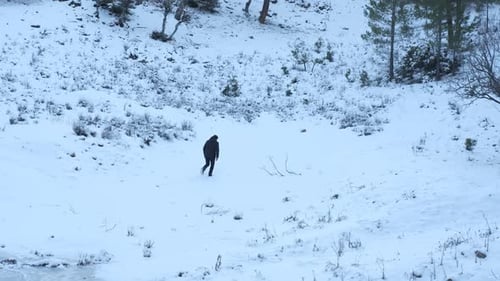 Person Walking Across a Snow Covered Winter Valley