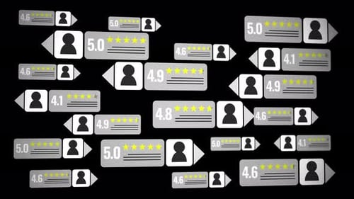 Stylized digital scene showing many layered star review panels and user profile icons