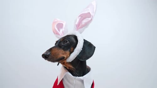 Un encantador perro salchicha con un precioso disfraz de conejito para unirse a la festiva celebración de Pascua