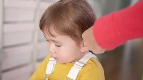 Caregiver Braiding Child's Hair Indoors