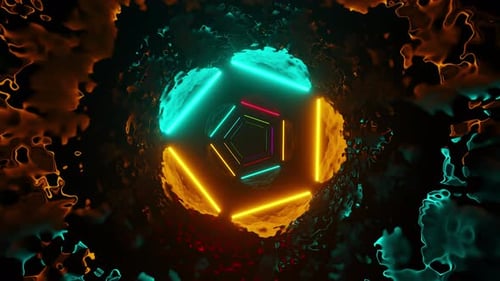 Reflective tunnel with many neon rays. Looped animation