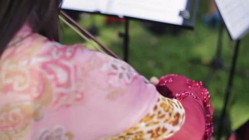 Woman Play Classic Contrabass Using Bow in Low Key