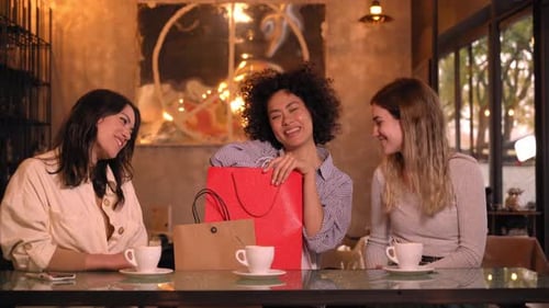 Three Friends at the Bar Cafe Giving Gifts for Christmas Girls Come From Shopping Check the Bags