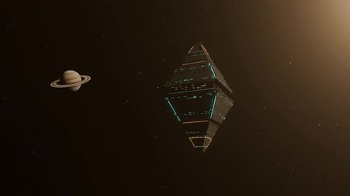 Raumstation dreht sich im Weltraum um Planet mit Felsringschleife