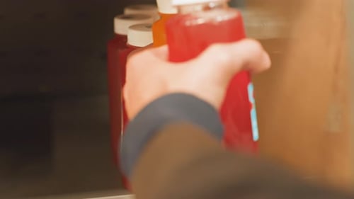 Frosty Beverage Selection Freshly Chilled Fruit Juices Available on Convenience Store Shelf Closeup
