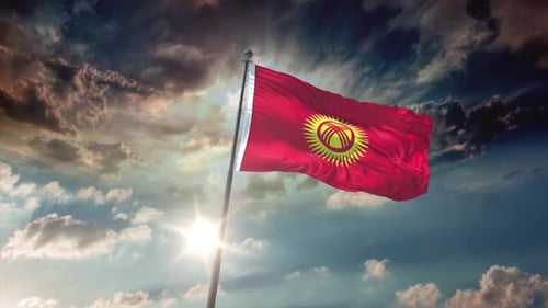 Kyrgyzstan Flag Waving on Flagpole with Sun Flare and Clouds