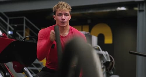 Portrait Muscular Young Man Training at Gym Confident Bodybuilder Working Out with Weights in Sport