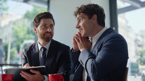 Colleagues Having Business Call Panoramic Restaurant Closeup Coworkers Talking