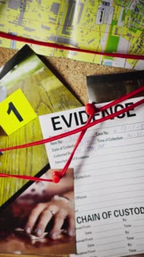 Vertical slide shot across police crime investigation board CLOSE-UP