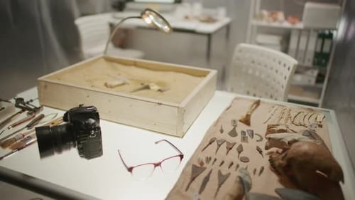 Research Table with Sand-Filled Box, Tools and Artifacts in Archaeology Lab