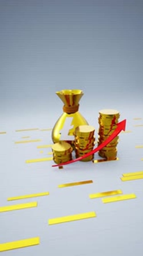 Vertical Golden Money Bag With A Litecoin Symbol And Increasing Coins Including Red Upward Arrow