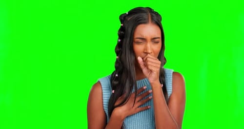 Sick woman, coughing and flu on green screen, cold and covid of chest breathing problem