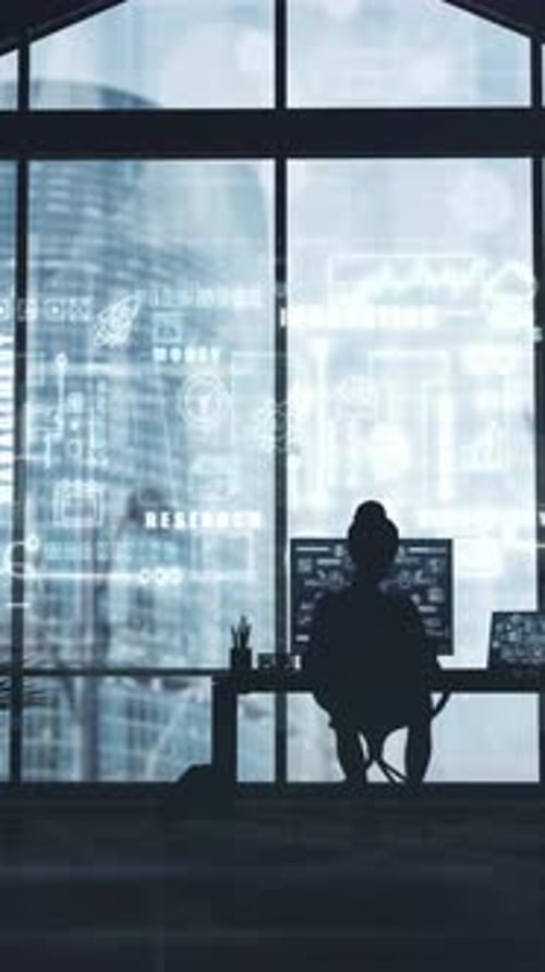 Businesswoman Working with Futuristic Interface in Modern Office with City View