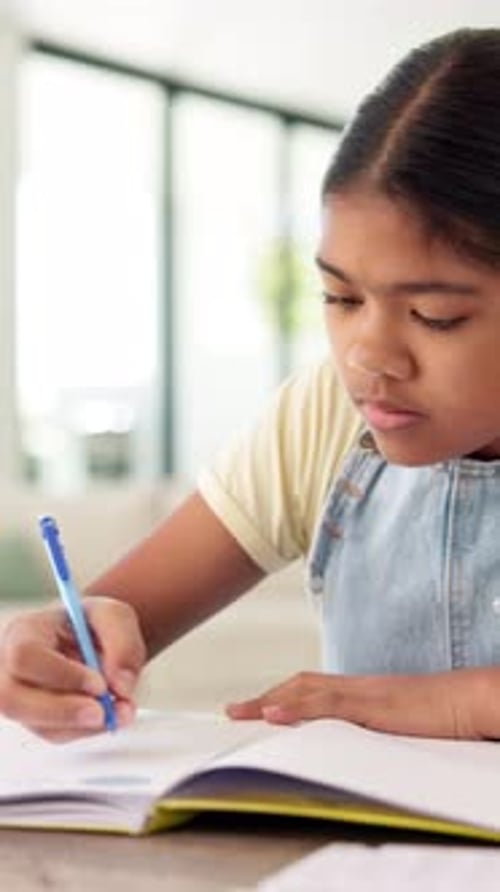 Education, child and writing on paper in home for math homework, calculation solution or study