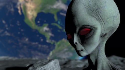 Mysterious Alien Head with Red Glowing Eyes Over Planet Earth