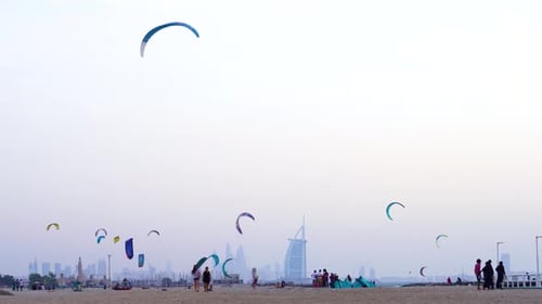 Kite beach, dozens of kite surfers prepare for a day of action at Fazza beach Dubai