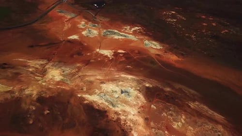 Aerial landscape view of the colorful and textured ground at the geothermal area of Hverir, Iceland