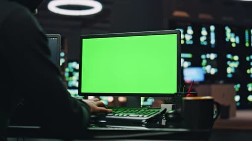 IT Technologist Coding Chromakey Computer at Datacenter Closeup Man Working