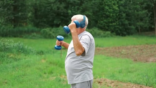 Senior Man Working Out Outdoors Person Lifting Dumbbells Old Male Exercising at Park Healthy People