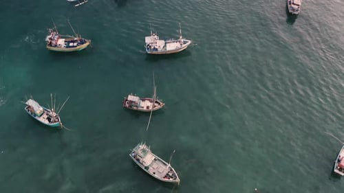 Weligama, Sri Lanka Fishing Boats in Sri Lanka Sri Lankan Fishing. Aerial cinematic view. Weligama B