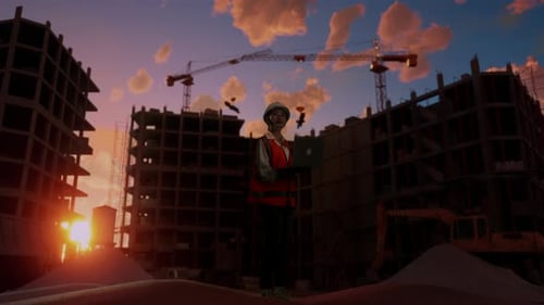 Side View Of Asian Female Engineer Working On A Laptop While Standing At Construction Site