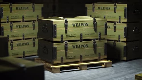 Military Wooden Crate with Weapon in Warehouse 3d Animation