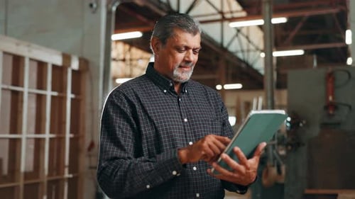 Fertigung, Lächeln oder reifer Mann auf Tablet im Lagerhaus für Schreinerei