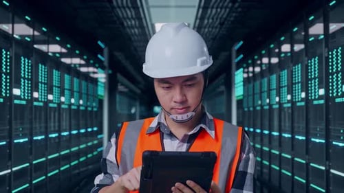 Close Up Of Asian Male Engineer Working On A Tablet in Data Center