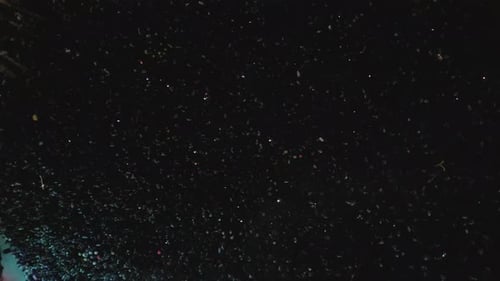 Aerial view of a large group of audience enjoying the concert, at night, Drone flying in circular