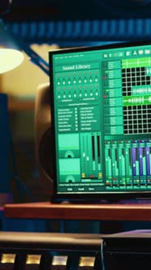 Vertical Video Empty Soundproof Control Room in Professional Recording Studio