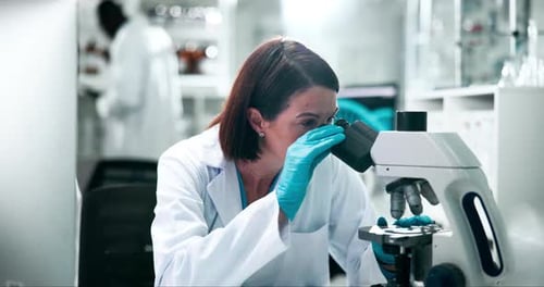 Woman Scientist Examining Sample Through Microscope in Lab