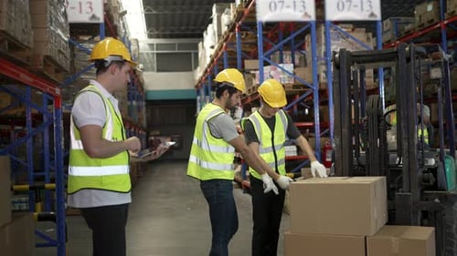 Blue collar workers are working at warehouse.