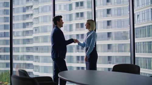 Businessman Businesswoman Greeting Office Window Two Partners Shaking Hands