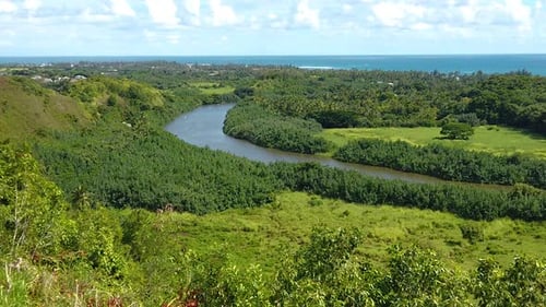 HD Hawaii Kauai, Statik des 'Opaeka'a-Stroms in Zeitlupe mit Meer in der Ferne mit hellem, teilweise klo